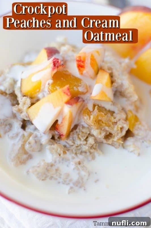 Close up image of crockpot peaches and cream oatmeal recipe in a white bowl with red rim, garnished with fresh peach slices