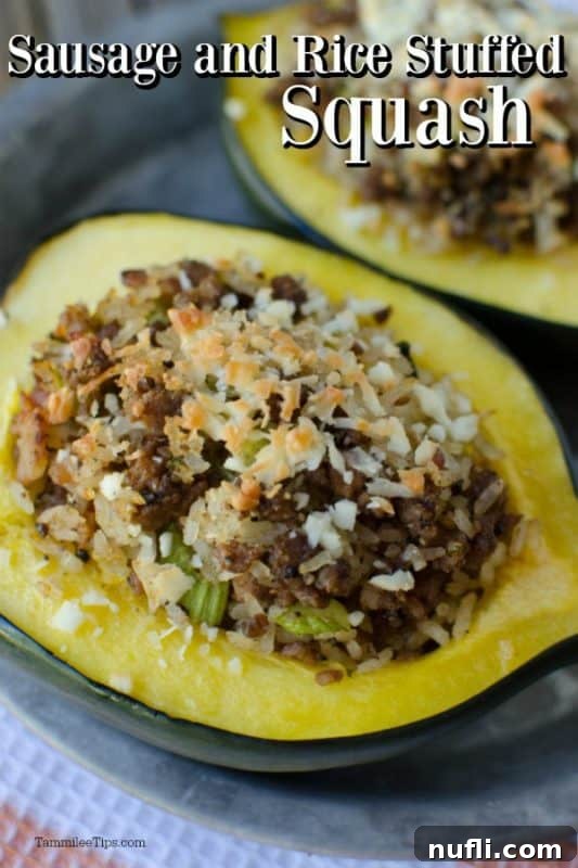 Two halves of golden-brown Stuffed Acorn Squash with Sausage and Rice, garnished and ready to serve, symbolizing a cozy fall dinner.
