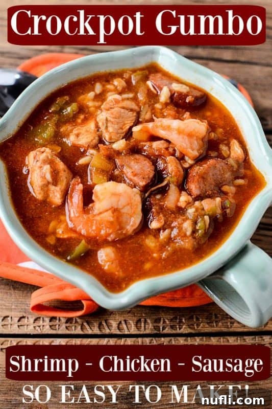 Easy Slow Cooker Gumbo Recipe 2 Crockpot gumbo over a bowl of gumbo on an oven mit