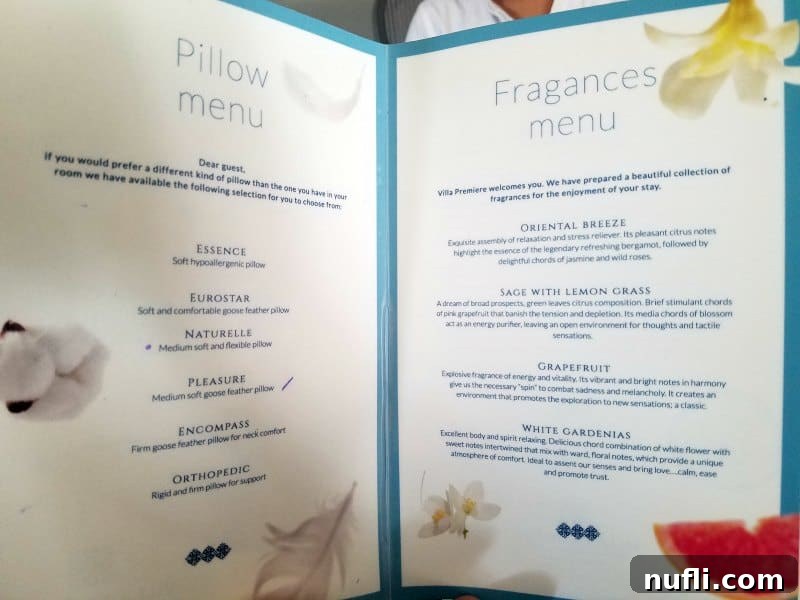 Pillow and fragrance menu 