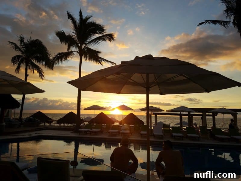 sunset over the water from the pool deck 