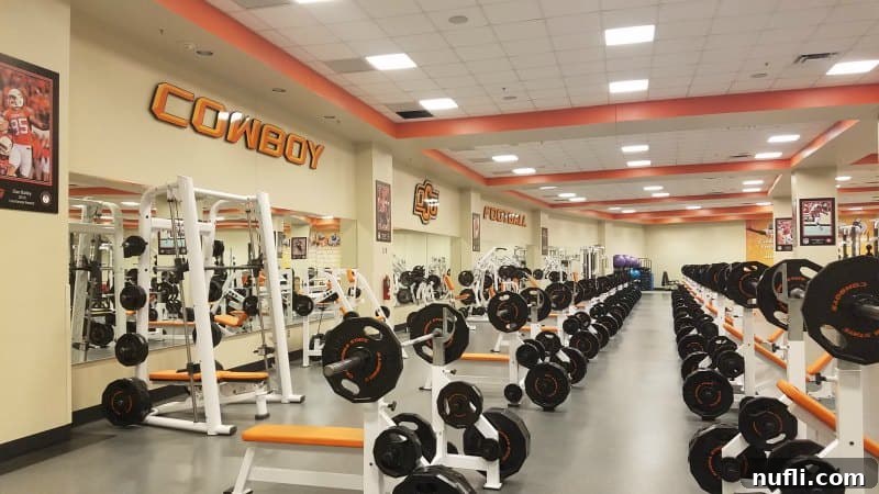 Interior of an impressive OSU weight room with 'Cowboys OSU Football' motto on the wall.