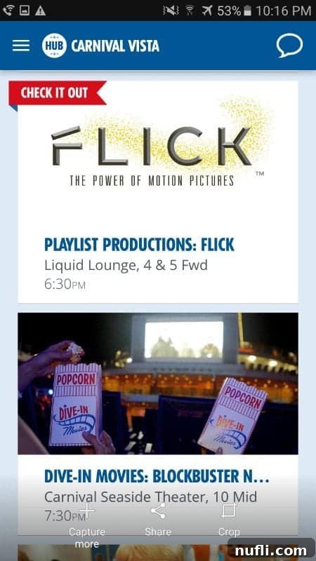 Unlock Your Best Cruise with Carnival Hub 9 Carnival Vista Hub App page featuring Dive-In Movies schedule