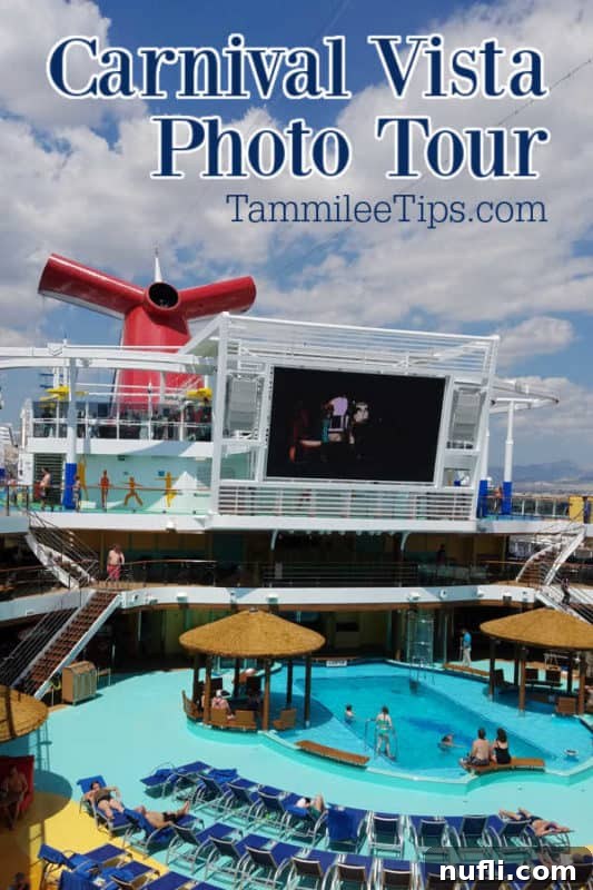 A breathtaking aerial view of the Carnival Vista's vibrant pool deck, showcasing the lively atmosphere and expansive amenities.