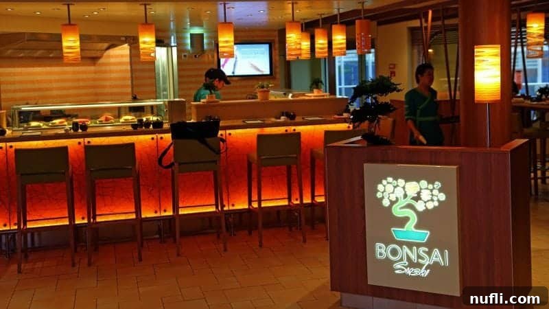 A distinctive Bonsai Sushi sign displayed on a podium, positioned invitingly near the sushi bar.