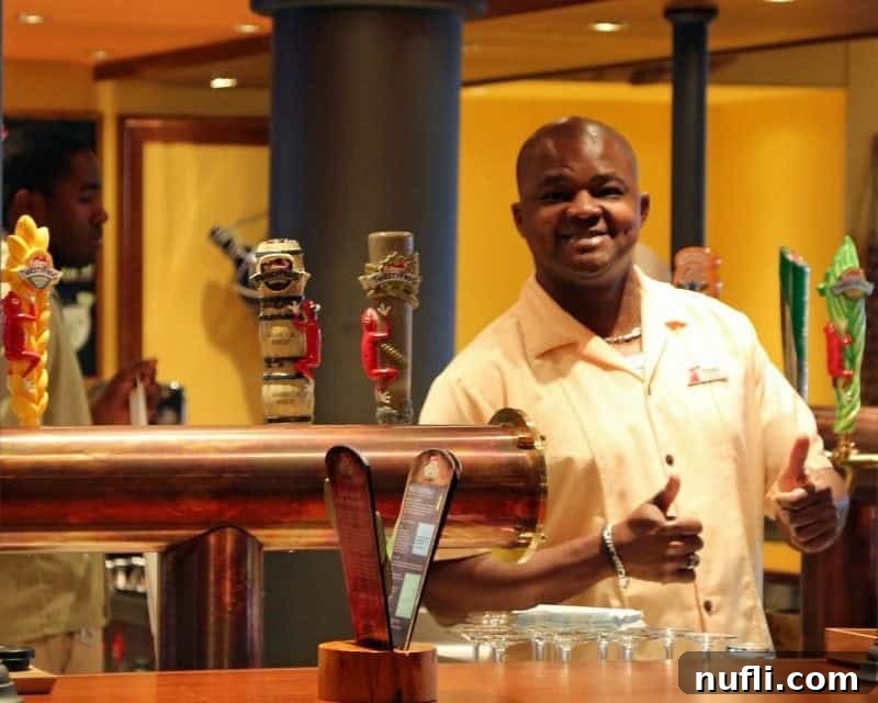 A friendly bartender smiling warmly from behind the counter of the lively Red Frog Pub, ready to serve refreshing drinks.