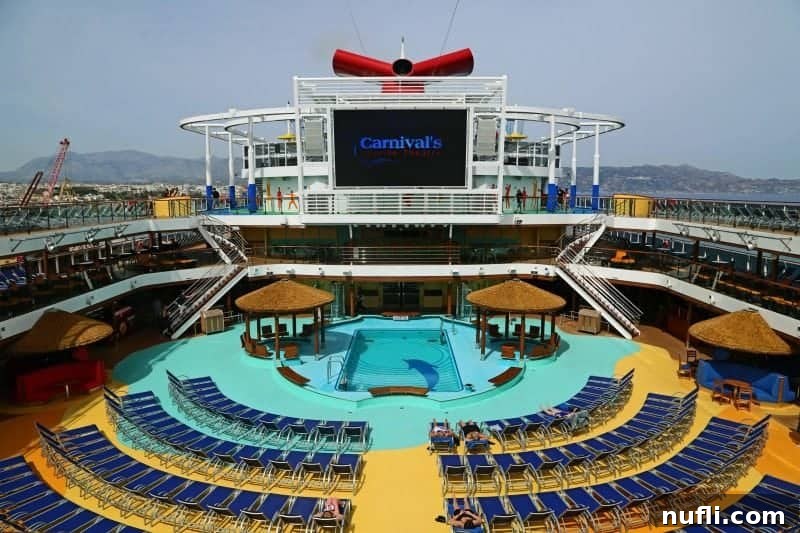 The bustling Carnival Vista pool deck, featuring a giant outdoor movie screen and the iconic Carnival funnel, buzzing with activity.