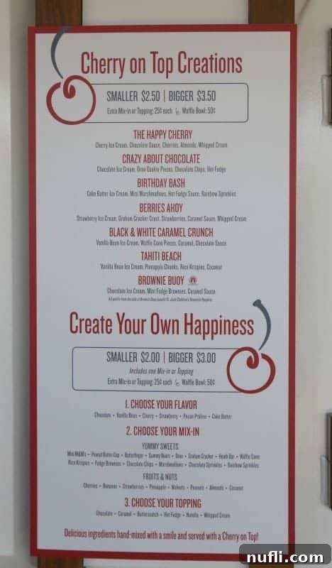 The delightful menu from Cherry on Top, showcasing a variety of sweet treats and customizable options.