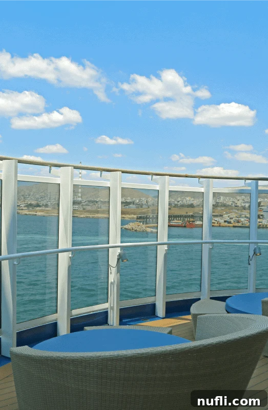 Spacious, comfortable chairs arranged on the deck, positioned perfectly near large windows that offer expansive views of the sparkling ocean.