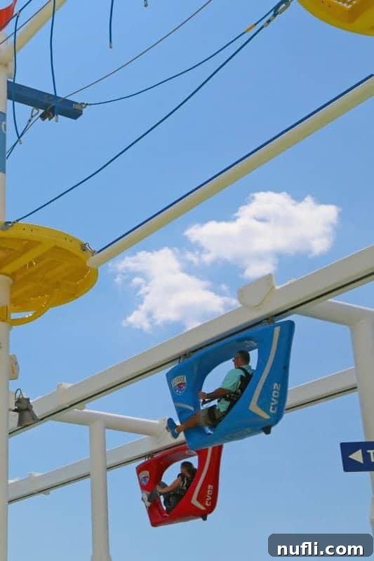The exhilarating Carnival Vista SkyRide, showcasing riders actively pedaling high above the ship's deck, offering unique views.