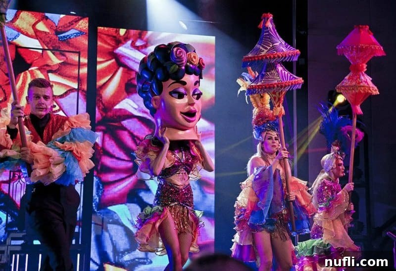 Carnival Vista Unveils New Playlist Productions 2 Stage performers wearing masks and holding umbrellas during a Carnival Vista show