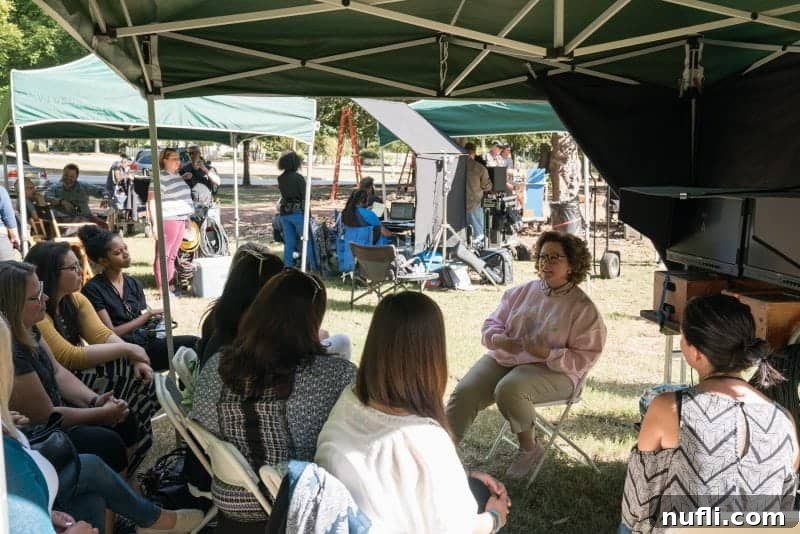 Melissa McCarthy talking candidly to a group of women on the set of Life of the Party, showcasing her open and warm personality.