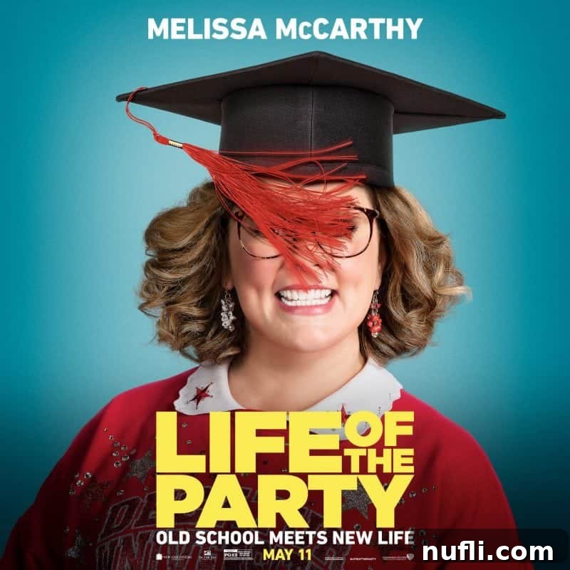 Official movie poster for Life of the Party, featuring Melissa McCarthy and the main cast, promoting its theatrical release.