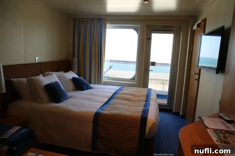 Carnival stateroom with a bed near the glass window and door to the balcony
