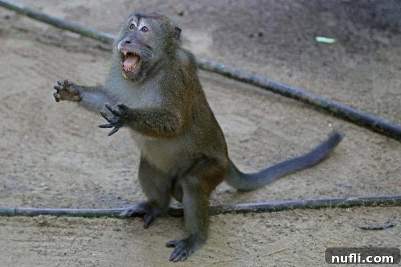 monkey with its mouth open reaching up 