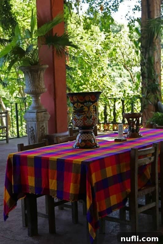 An outdoor dining table set with place settings and glasses, overlooking tropical foliage at the Puerto Vallarta Botanical Gardens restaurant