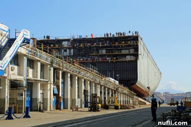 The Horizon Begins: Keel Laid for Carnival's Latest Gem in Italy 11 The impressive keel section of the Carnival Horizon visible on a large ramp at the Fincantieri shipyard, just before its launch into the water