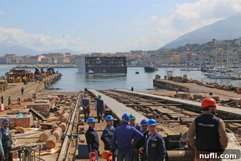 The Carnival Horizon floating in the water at the Fincantieri shipyard in Italy after its keel laying and initial launch.