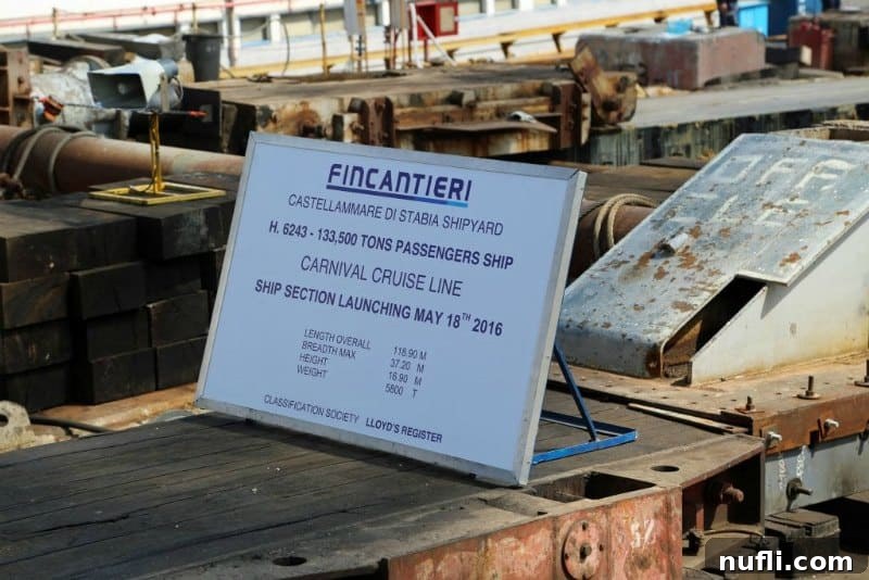 The Horizon Begins: Keel Laid for Carnival's Latest Gem in Italy 13 A panoramic view of the expansive Fincantieri Marghera shipyard, where multiple cruise ships are under construction, showcasing industrial scale and precision