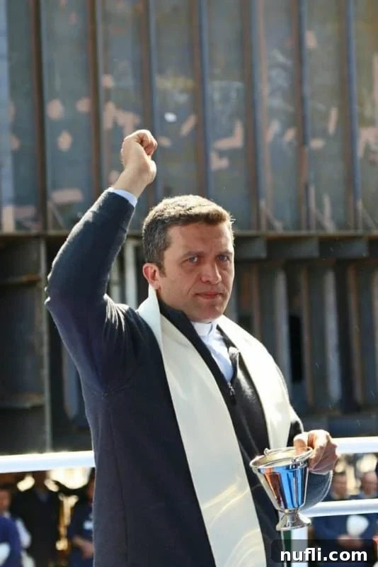 An Italian priest performing a solemn blessing ceremony for the Carnival Horizon at the Fincantieri shipyard.