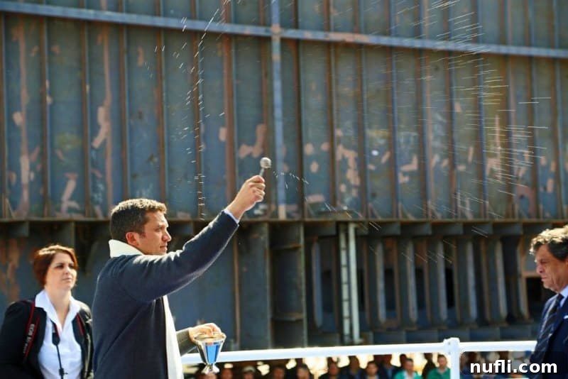 The Horizon Begins: Keel Laid for Carnival's Latest Gem in Italy 7 The Italian priest continues his blessing ritual, surrounded by dignitaries and shipyard personnel, underscoring the spiritual significance of the ceremony
