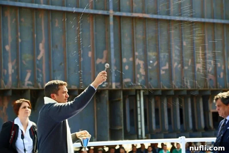 The Italian priest continuing the blessing ritual for the new Carnival Horizon cruise ship.
