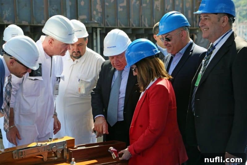 The Horizon Begins: Keel Laid for Carnival's Latest Gem in Italy 9 Christine Duffy, Carnival President, posing proudly with a group of Fincantieri shipbuilders, celebrating the successful keel laying ceremony