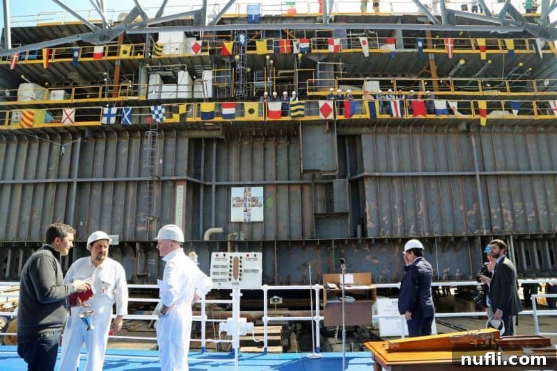 Flags from various nations proudly displayed across the stern of the Carnival Horizon during its initial launch.