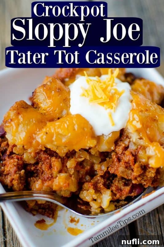 Sloppy Joes Tater Tot Casserole with sour cream on top on a white plate
