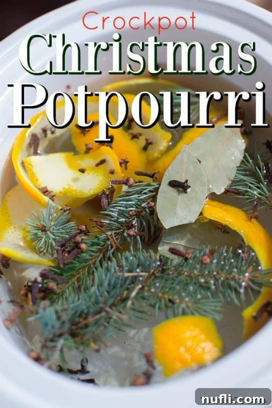 Text 'Crockpot Christmas Potpourri' overlaid on an image of a white crockpot filled with orange slices, pine needles, whole cloves, and water.
