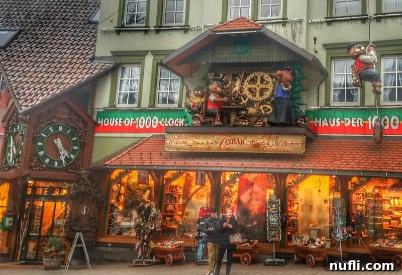 A charming cuckoo clock shop with an oversized bear cuckoo clock adorning its exterior, a quintessential Black Forest sight.