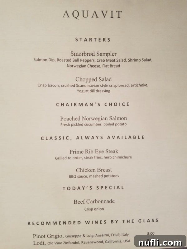 The Aquavit Terrace menu on the Viking Vili, offering a selection of dining choices.