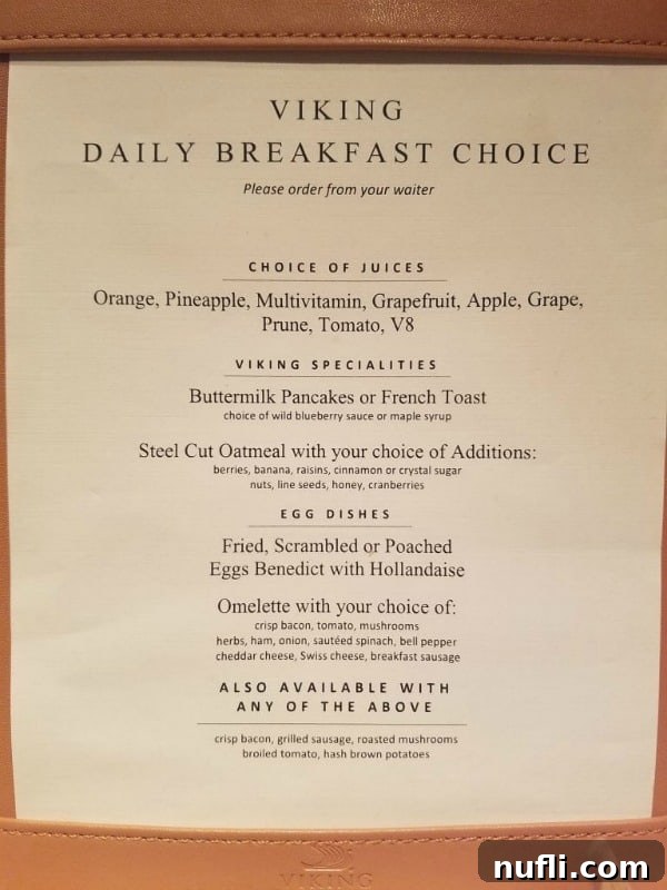 The Viking Vili breakfast menu, showcasing various options for a morning meal.