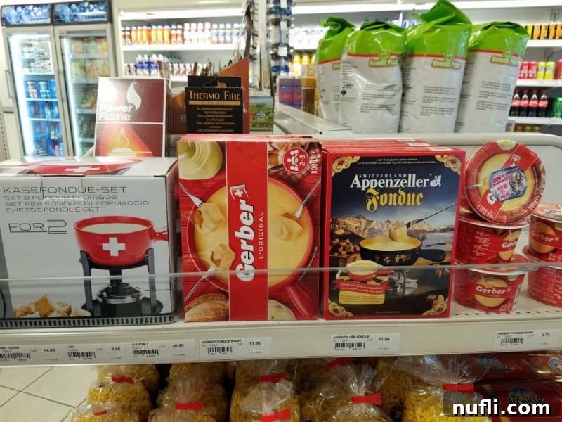Microwaveable Swiss fondue on display at a gas station, a unique travel find.