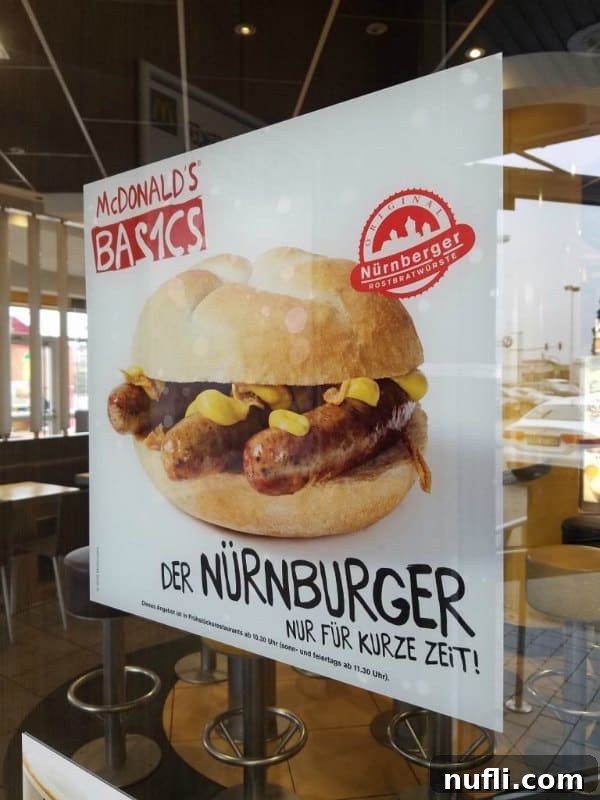 A McDonald's sign for 'Der Nurnburger Basics' featuring a photo of a sausage burger.