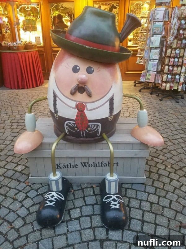 A whimsical Humpty Dumpty egg sculpture at Kathe Wohlfahrt, a famous German Christmas shop.