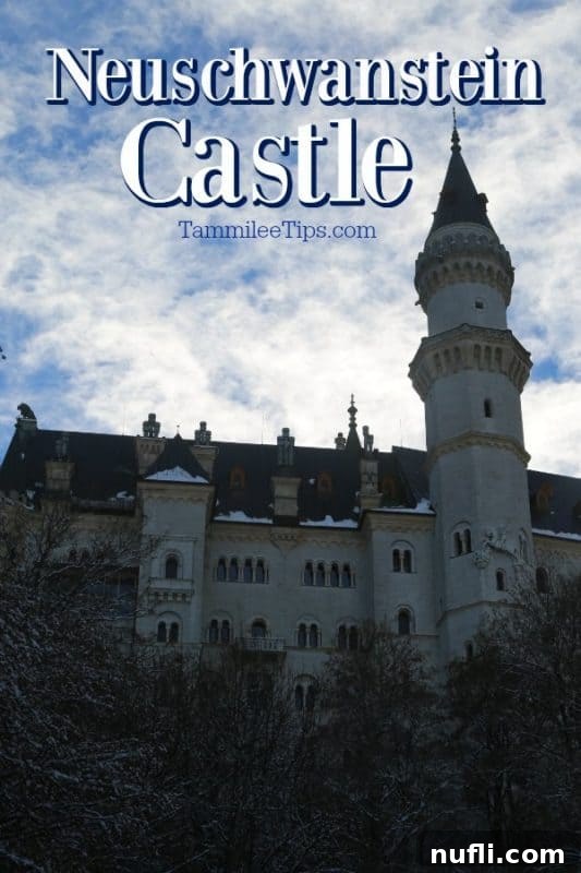 Majestic Neuschwanstein Castle emerges through a dusting of snow, its spires and turrets rising dramatically above the landscape.