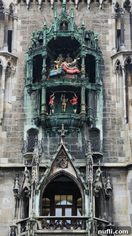 Close-up of the Munich Glockenspiel clock tower