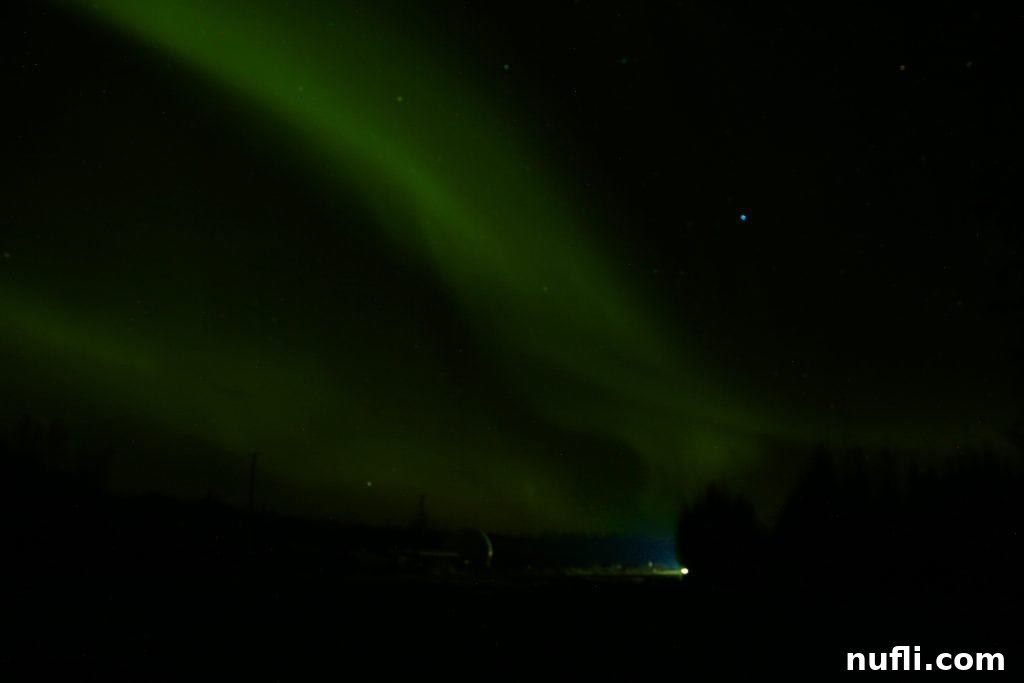 Vibrant green Northern Lights dancing over a snowy landscape in Alaska