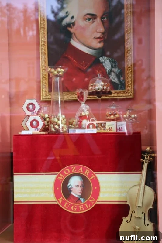 Mozart Kugeln sign with chocolate on display