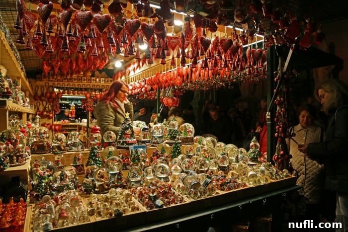Christmas market stand with snowglobes and bells