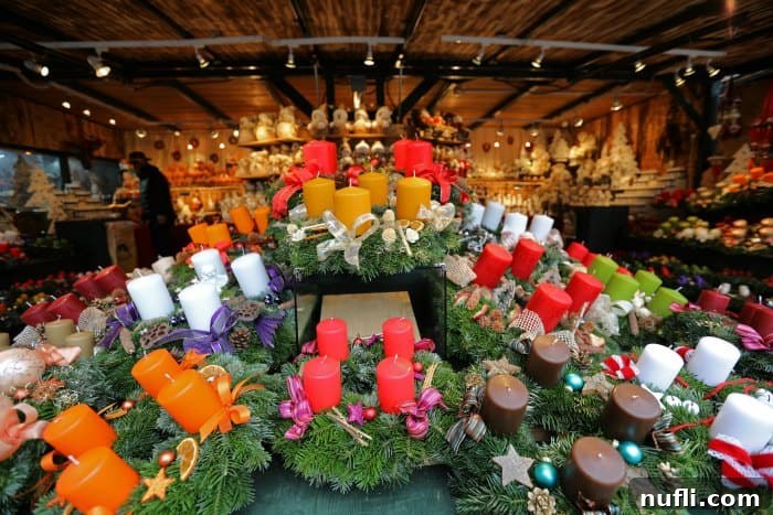 Festive candle display with green foliage at a Christmas Market stall