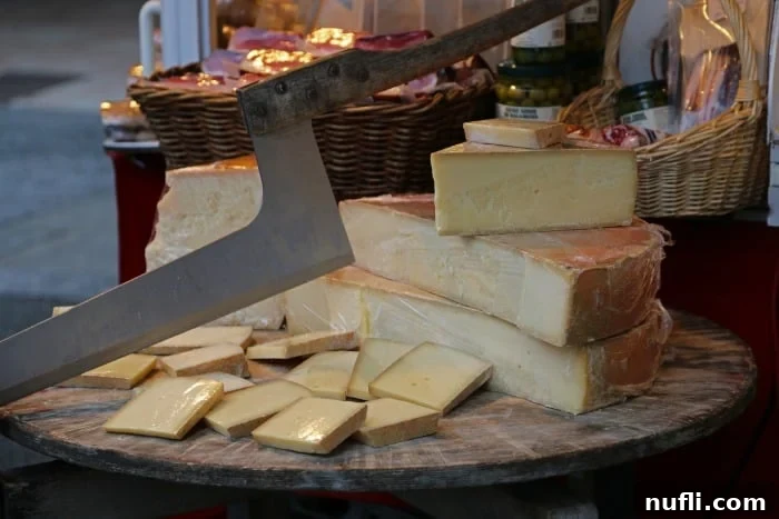 Artisan cheese wheel and blocks with a large knife on a rustic wood platter