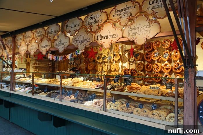 Busy pretzel stand at the Christmas Market with an abundance of freshly baked pretzels