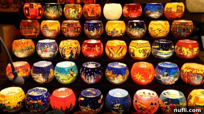 Glowing decorative candles on display at a Christmas market stall