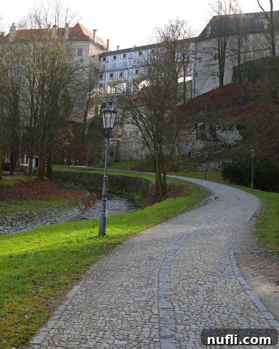 A cobbled walkway ascending a hill, flanked by historic European buildings