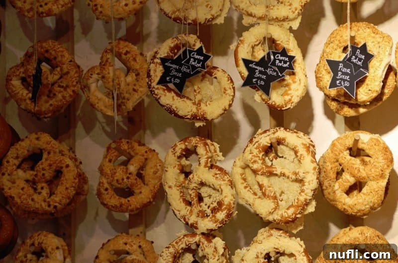 What Austria Taught Me I Needed 2 Pretzels hanging from strings with price signs, inviting visitors to taste authentic Austrian baked goods