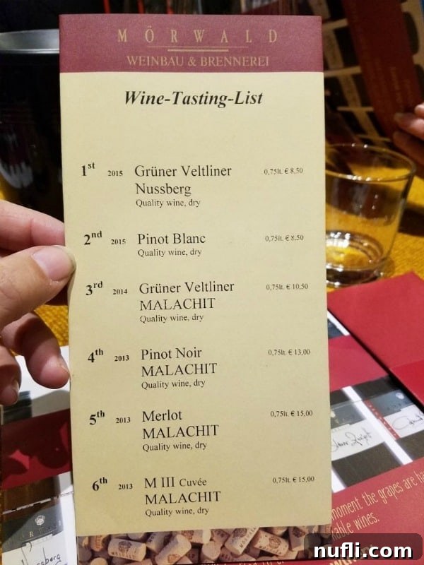 Morwald Weinbau Wine Tasting List