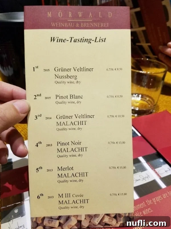 Morwald Weinbau Wine Tasting List, showcasing selections from an Austrian winery