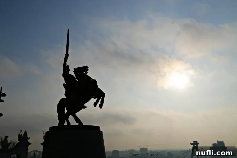 Bratislava Unveiled A Viking River Cruise Walking Experience 5 Dramatic horse sculpture with a rider holding a sword aloft, symbolizing historical power and valor near Bratislava Castle.
